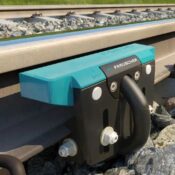 Frauscher RSR110 inductive axle counter sensor installed on rail