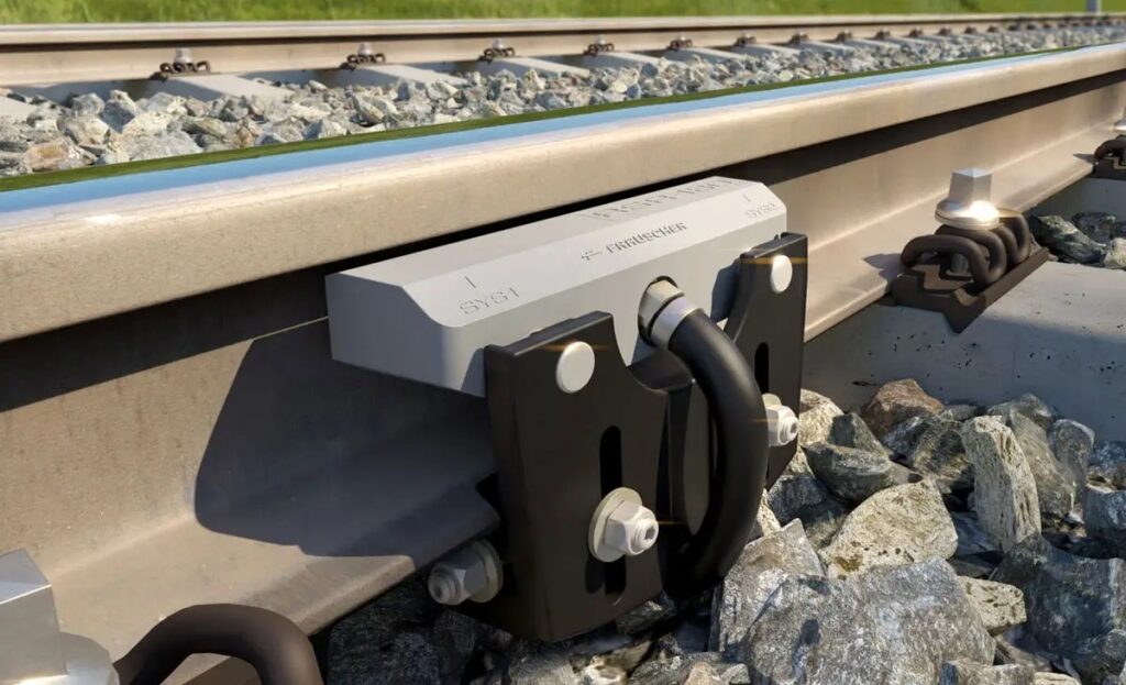Frauscher RSR180 inductive axle counter sensor on railway track